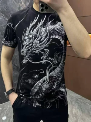 Men’s Black Dragon Print Slim Fit T-Shirt – Oriental Mythical Design