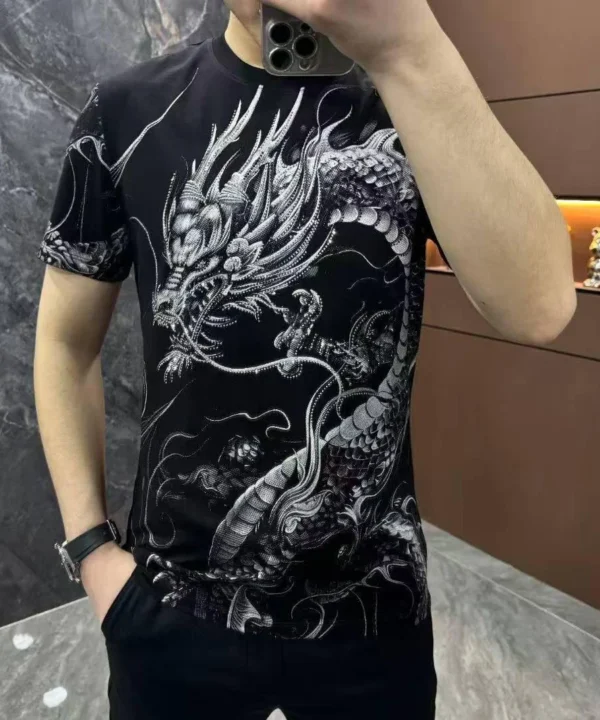 Men’s Black Dragon Print Slim Fit T-Shirt – Oriental Mythical Design