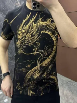 Men’s Black & Gold Dragon Print T-Shirt – Luxurious Mythical Design