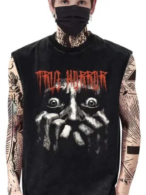 Men’s Black Sleeveless “TRUE HORROR” Graphic Tank – Gothic Streetwear