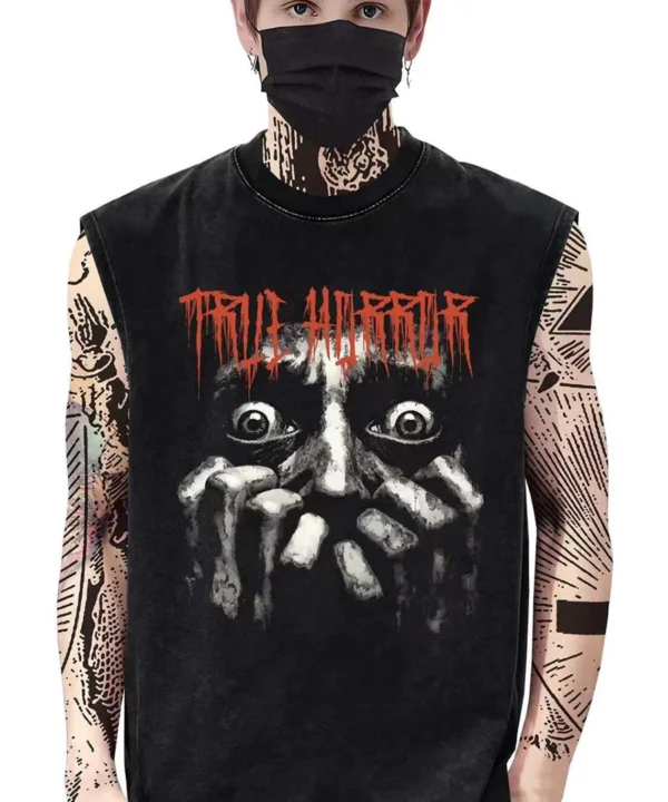 Men’s Black Sleeveless “TRUE HORROR” Graphic Tank – Gothic Streetwear