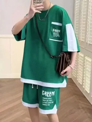 Men's Green & White Casual Co-Ord Set (T-Shirt & Shorts) – Summer Streetwear Collection