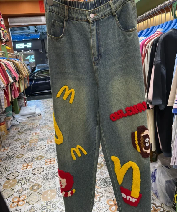 Men's Trendy Cartoon Patchwork Denim Jeans – Quirky Street Style