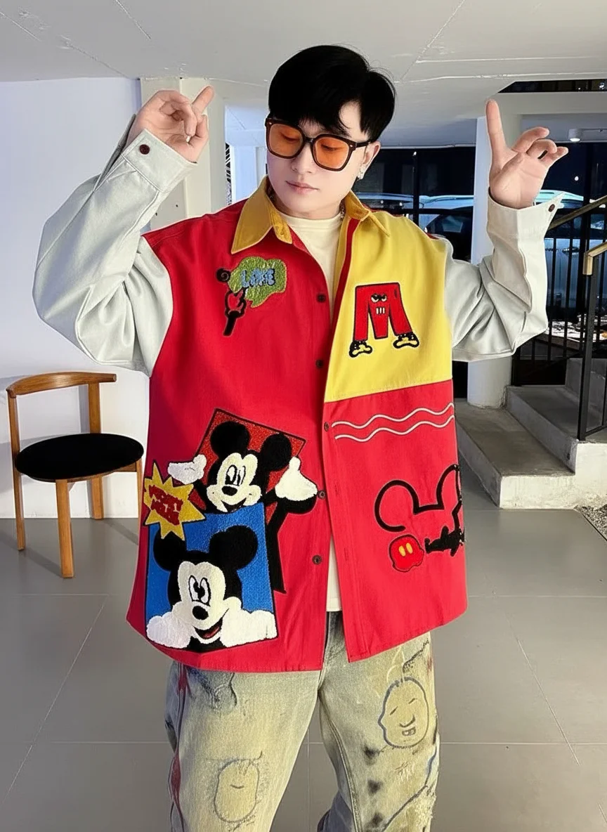 Men’s Cartoon Patchwork Oversized Shirt