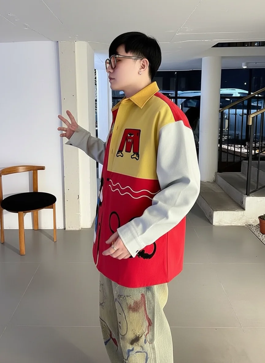 Men’s Cartoon Patchwork Oversized Shirt - Image 3