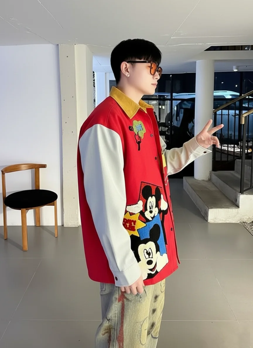 Men’s Cartoon Patchwork Oversized Shirt - Image 2