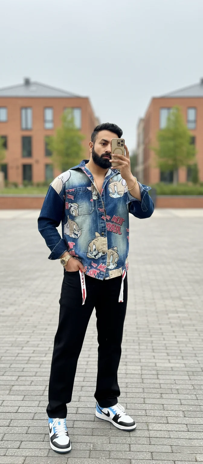 Men’s Cartoon Print Denim Shirt - Image 4
