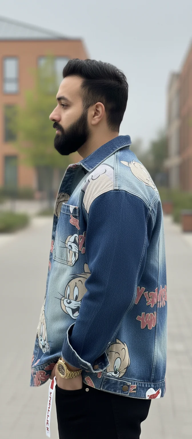 Men’s Cartoon Print Denim Shirt - Image 3