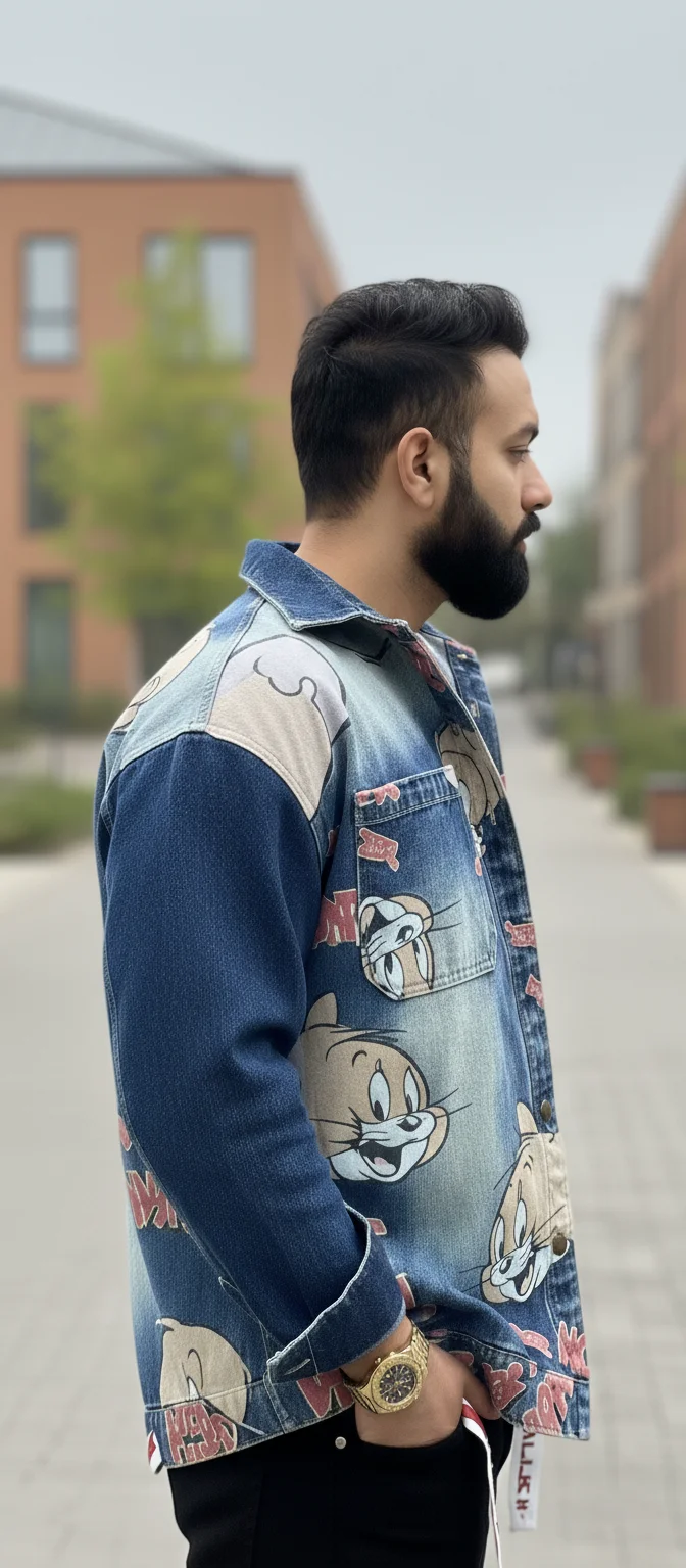 Men’s Cartoon Print Denim Shirt - Image 2