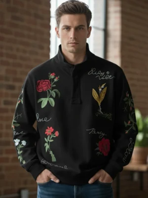 Men’s Floral Embroidered Quarter-Zip Sweatshirt