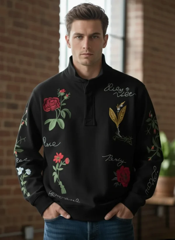 Men’s Floral Embroidered Quarter-Zip Sweatshirt