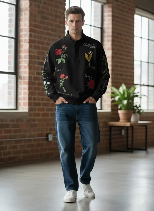 Men’s Floral Embroidered Quarter-Zip Sweatshirt - Image 4