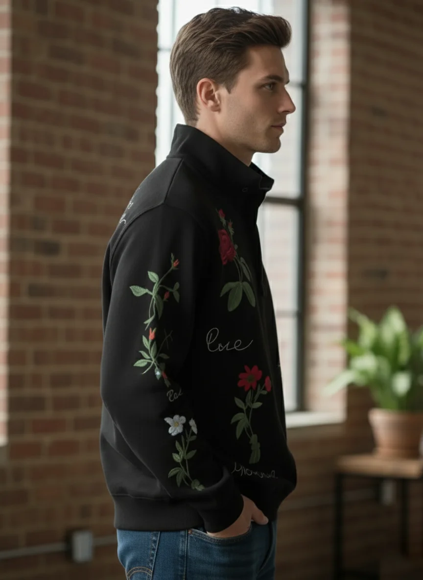 Men’s Floral Embroidered Quarter-Zip Sweatshirt - Image 2