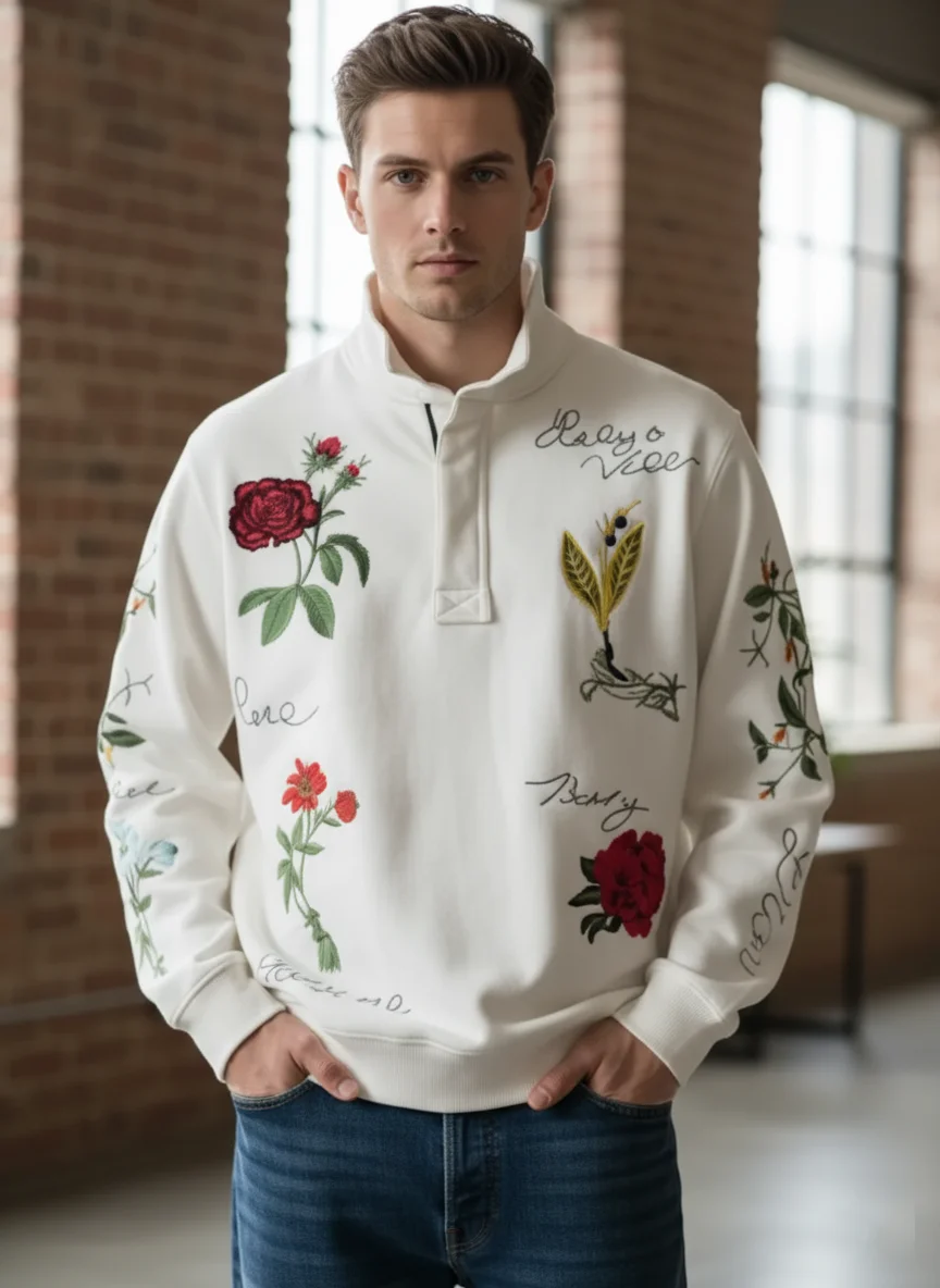 Men’s Floral Embroidered Quarter-Zip Sweatshirt - Image 5