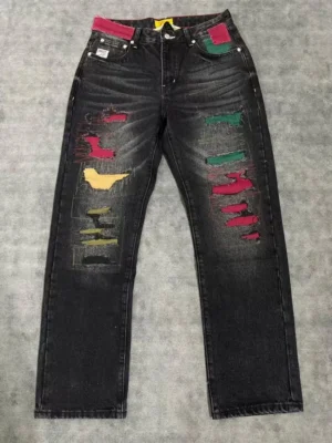 Men’s Distressed Multi-Color Patch Washed Black Denim Jeans